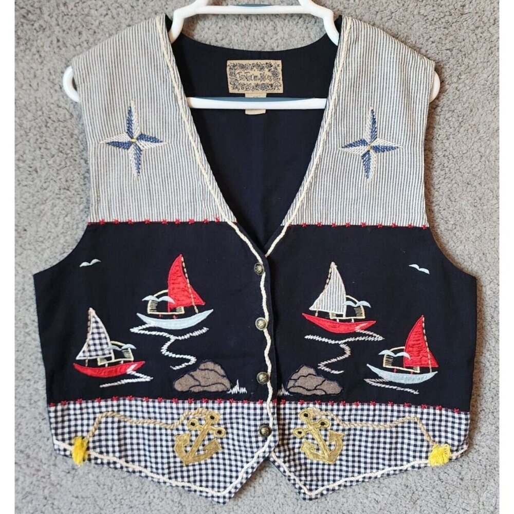 Vtg TanTrums Womens Sleeveless Button Front Vest Nautical Tacky Teachercore Sz L